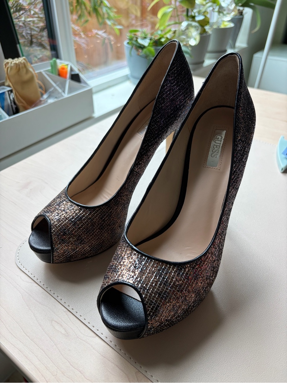 GUESS Metallic Bronze Peep-Toe High Heels